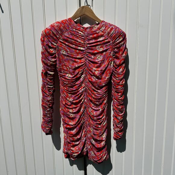 Rohe Sadie Long Sleeve Retro Floral Ruched Mini Dress Red Multi Size 34 FR 2 US - Picture 1 of 15